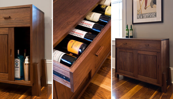 Wine storage drawer and liquor cabinet details of buttressed wine cabinet by Infusion Furniture