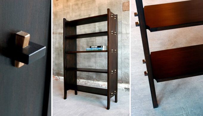 Three views of pinned bookcase by Infusion Furniture